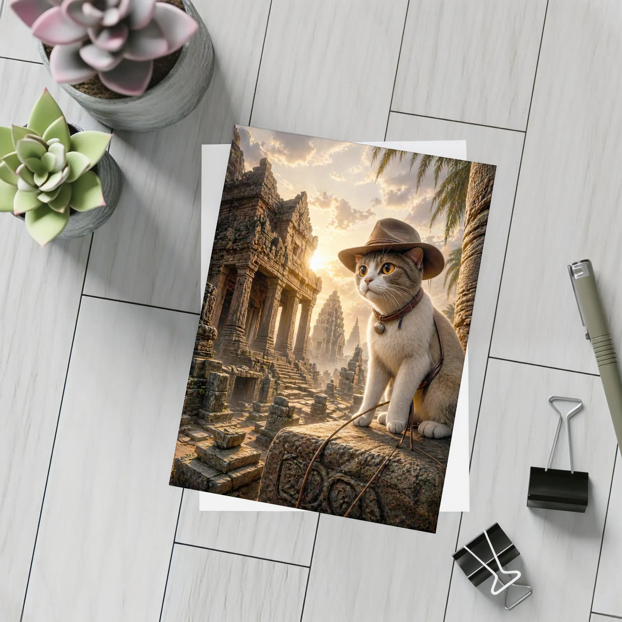 Explorer Cat Ancient Temple Ruins Sunset – Postcards