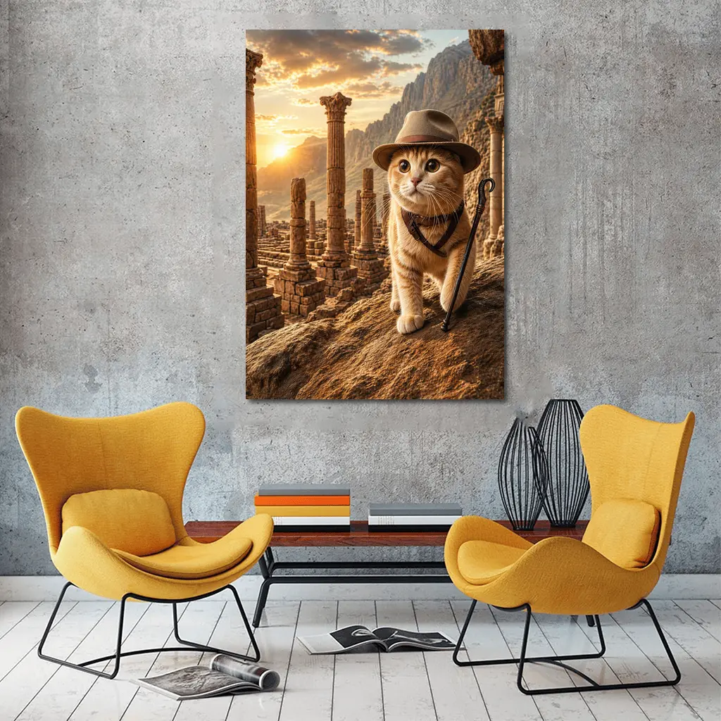 Adventure Cat Explorer Ancient Ruins Sunset – Wall Art