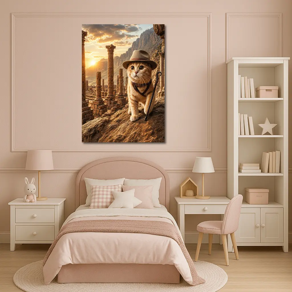 Adventure Cat Explorer Ancient Ruins Sunset – Wall Art