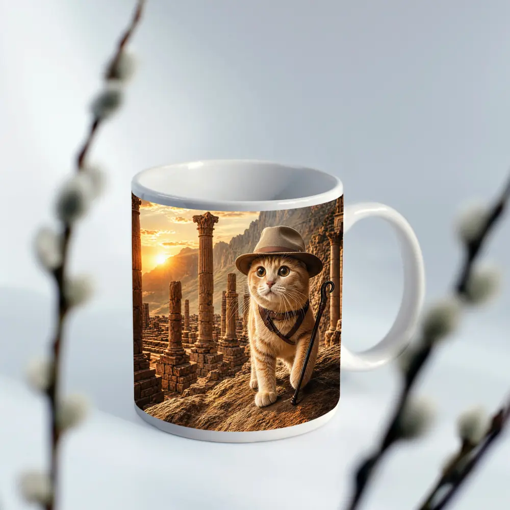 Adventure Cat Explorer Ancient Ruins Sunset – Mugs