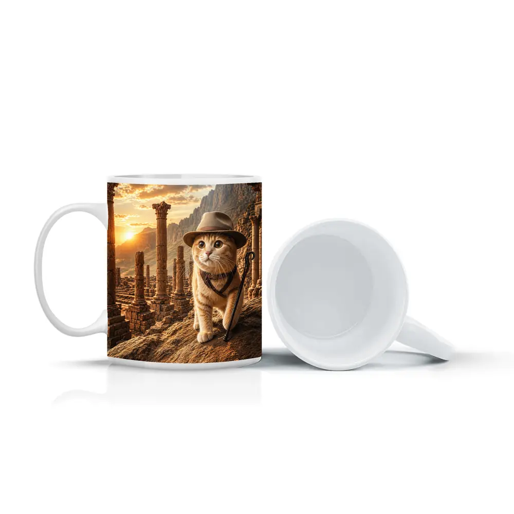 Adventure Cat Explorer Ancient Ruins Sunset – Mugs