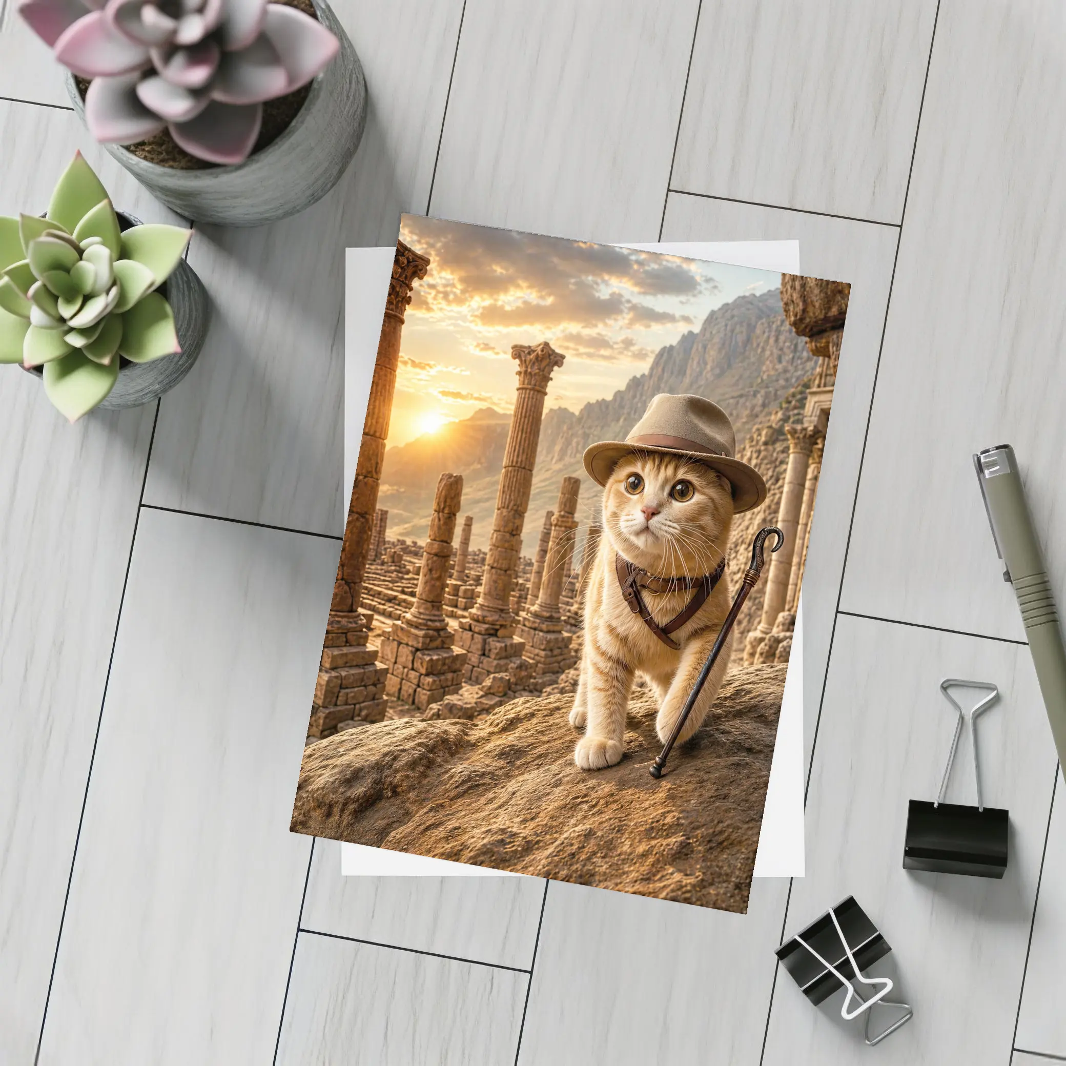 Adventure Cat Explorer Ancient Ruins Sunset – Postcards