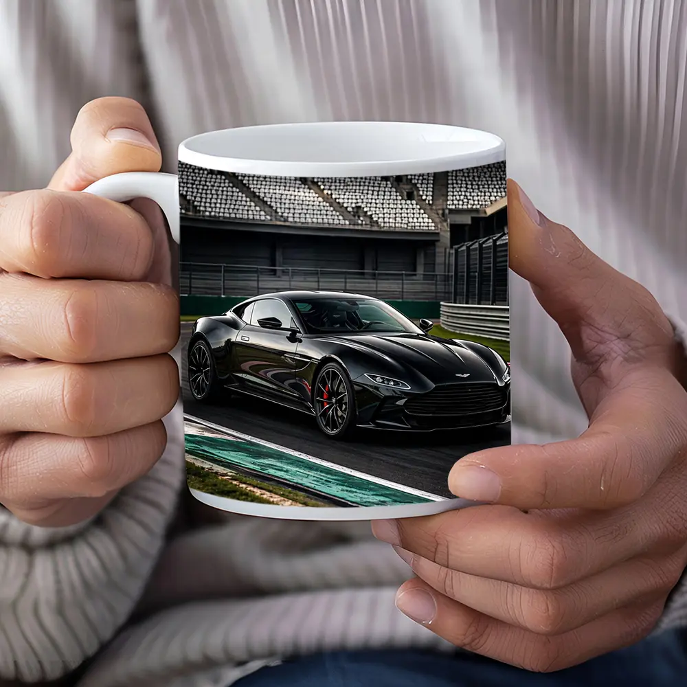 Aston Martin Vantage Black on Racing Track – Mugs
