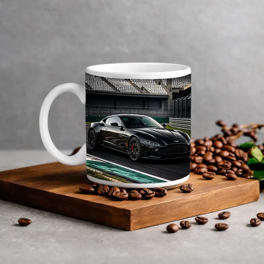 Aston Martin Vantage Black on Racing Track – Mugs