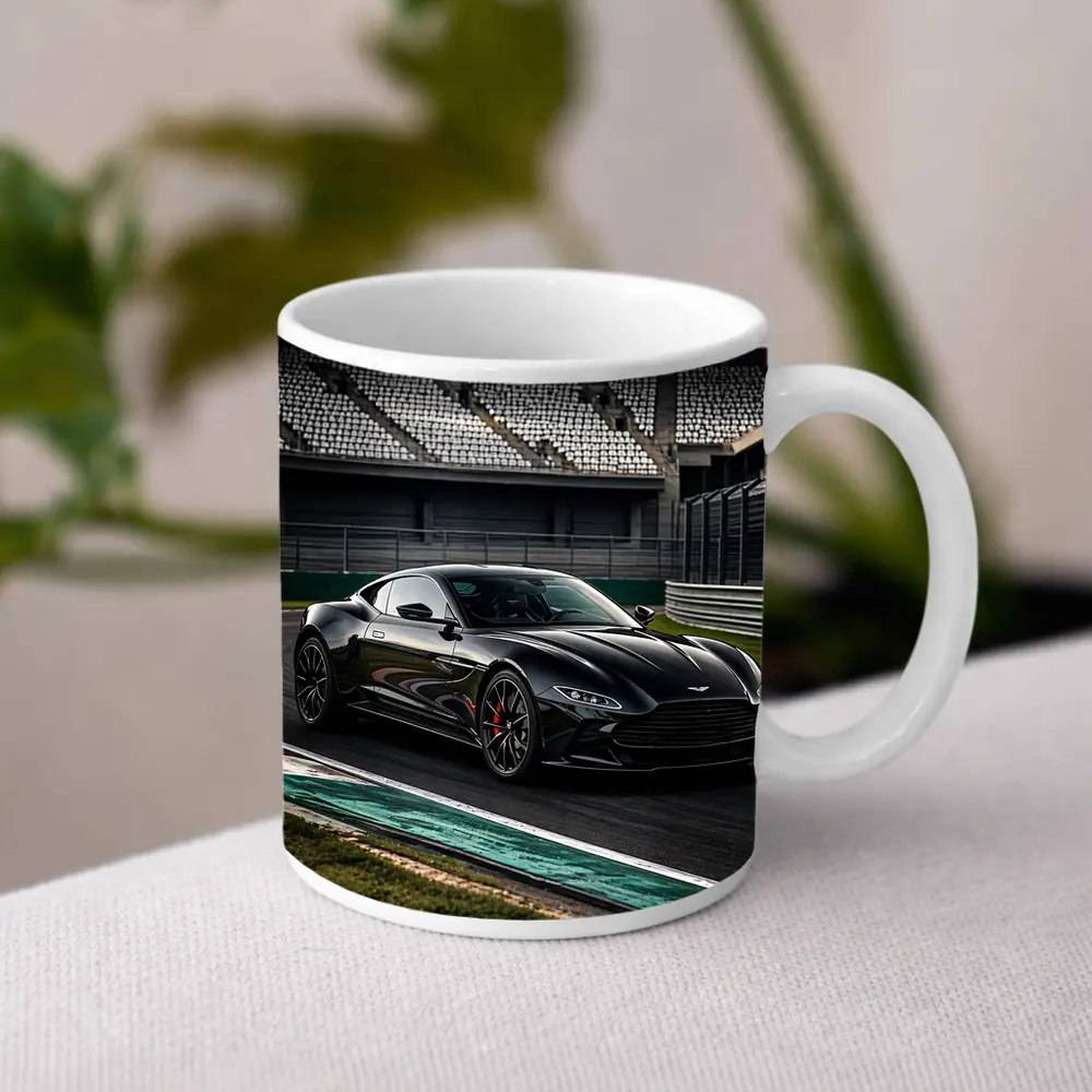 Aston Martin Vantage Black on Racing Track – Mugs