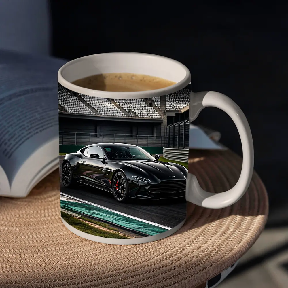 Aston Martin Vantage Black on Racing Track – Mugs