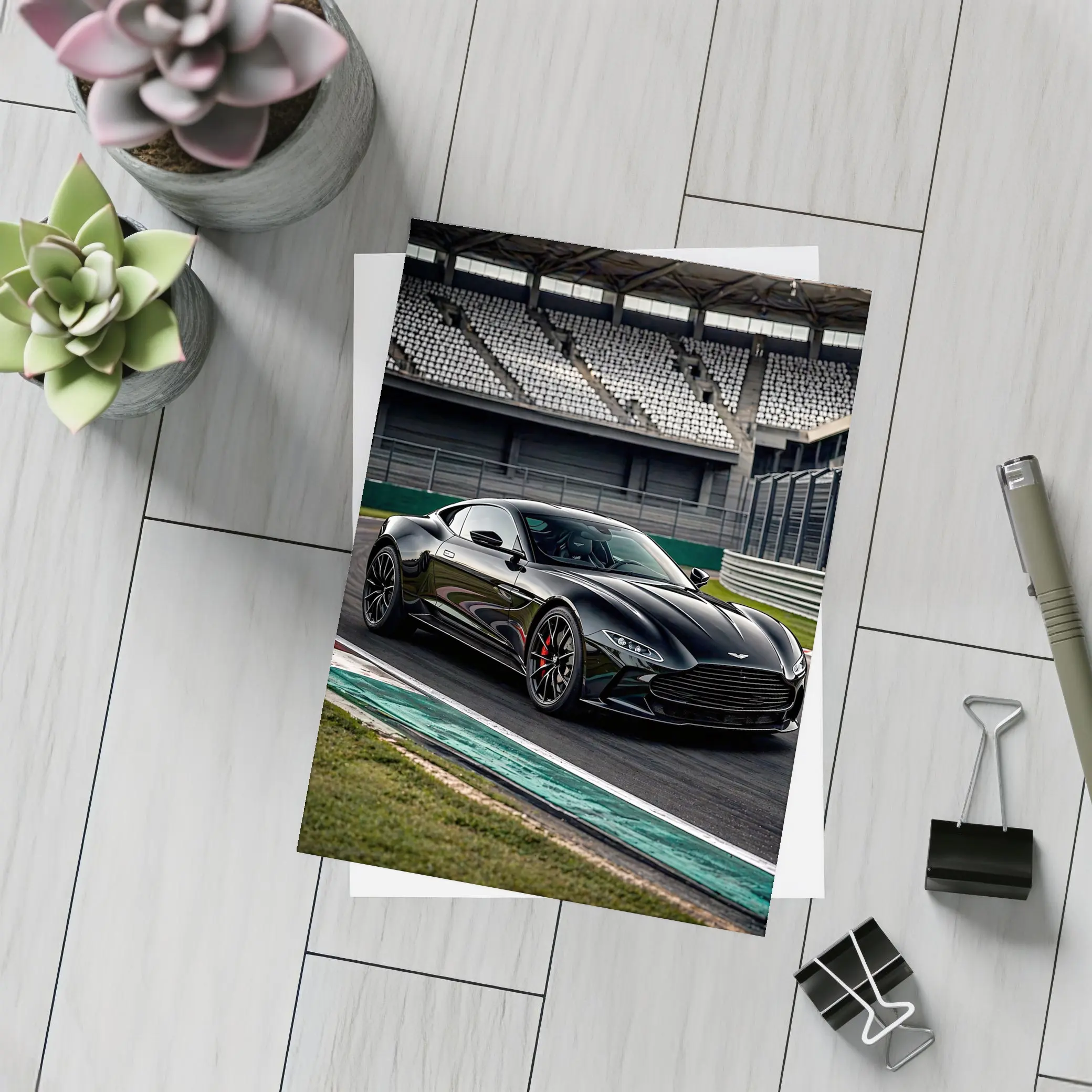 Aston Martin Vantage Black on Racing Track – Postcards