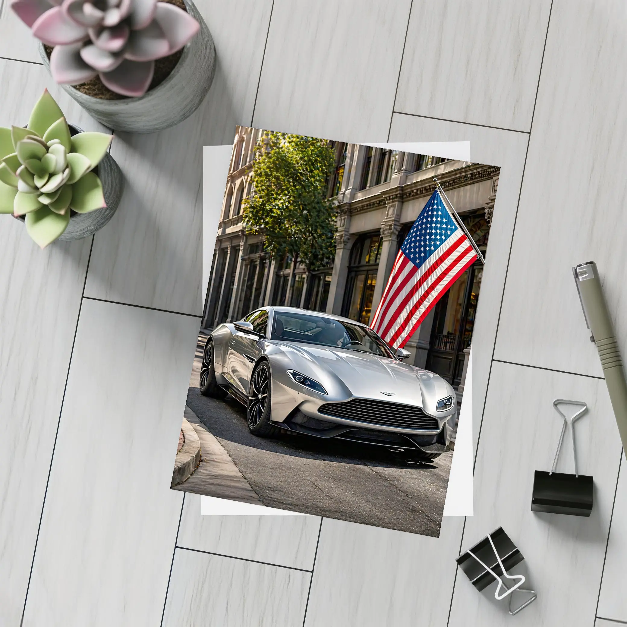 Aston Martin DB11 Silver American Flag Street – Postcards
