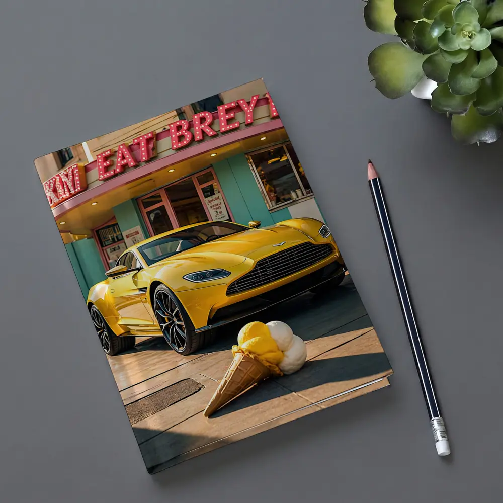 Aston Martin DB11 Yellow Retro Ice Cream Shop – Notebooks