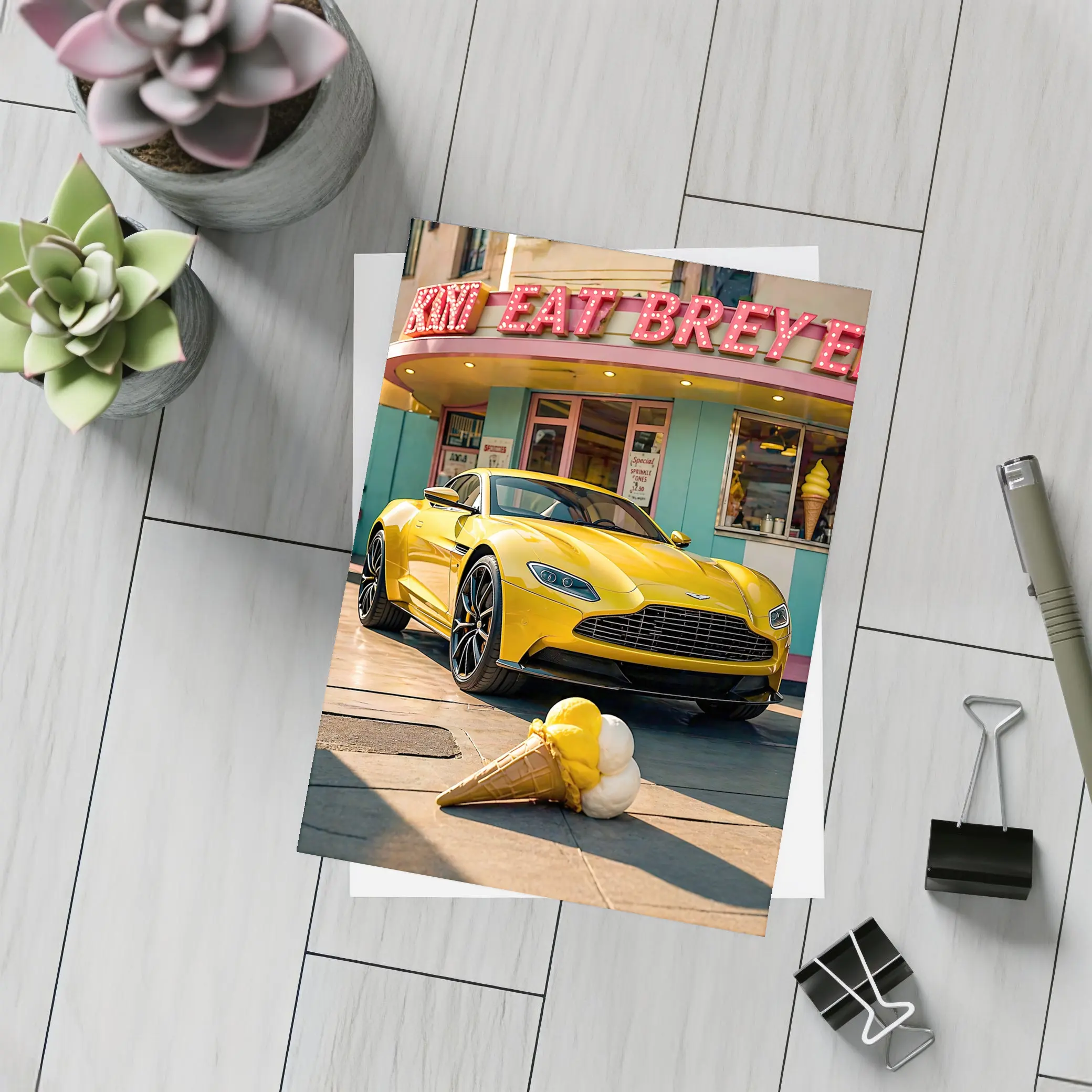 Aston Martin DB11 Yellow Retro Ice Cream Shop – Postcards