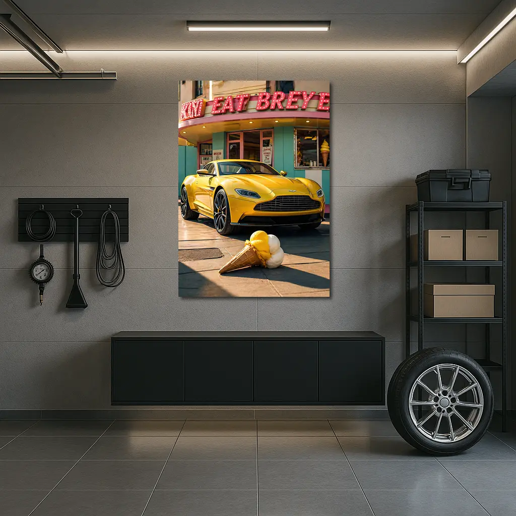 Aston Martin DB11 Yellow Retro Ice Cream Shop – Wall Art