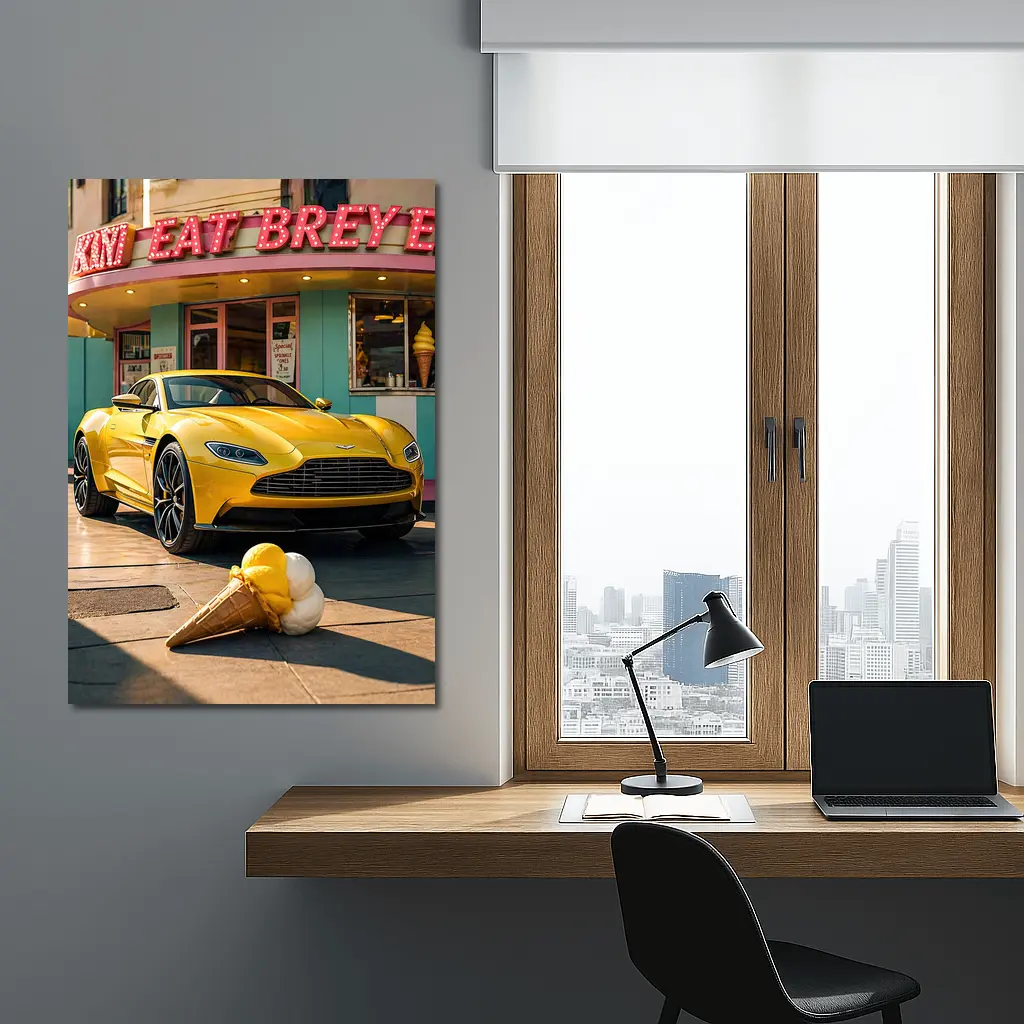 Aston Martin DB11 Yellow Retro Ice Cream Shop – Wall Art