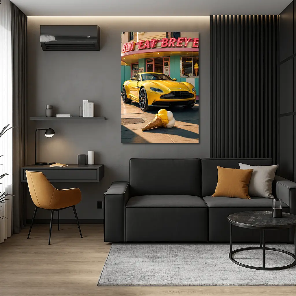 Aston Martin DB11 Yellow Retro Ice Cream Shop – Wall Art