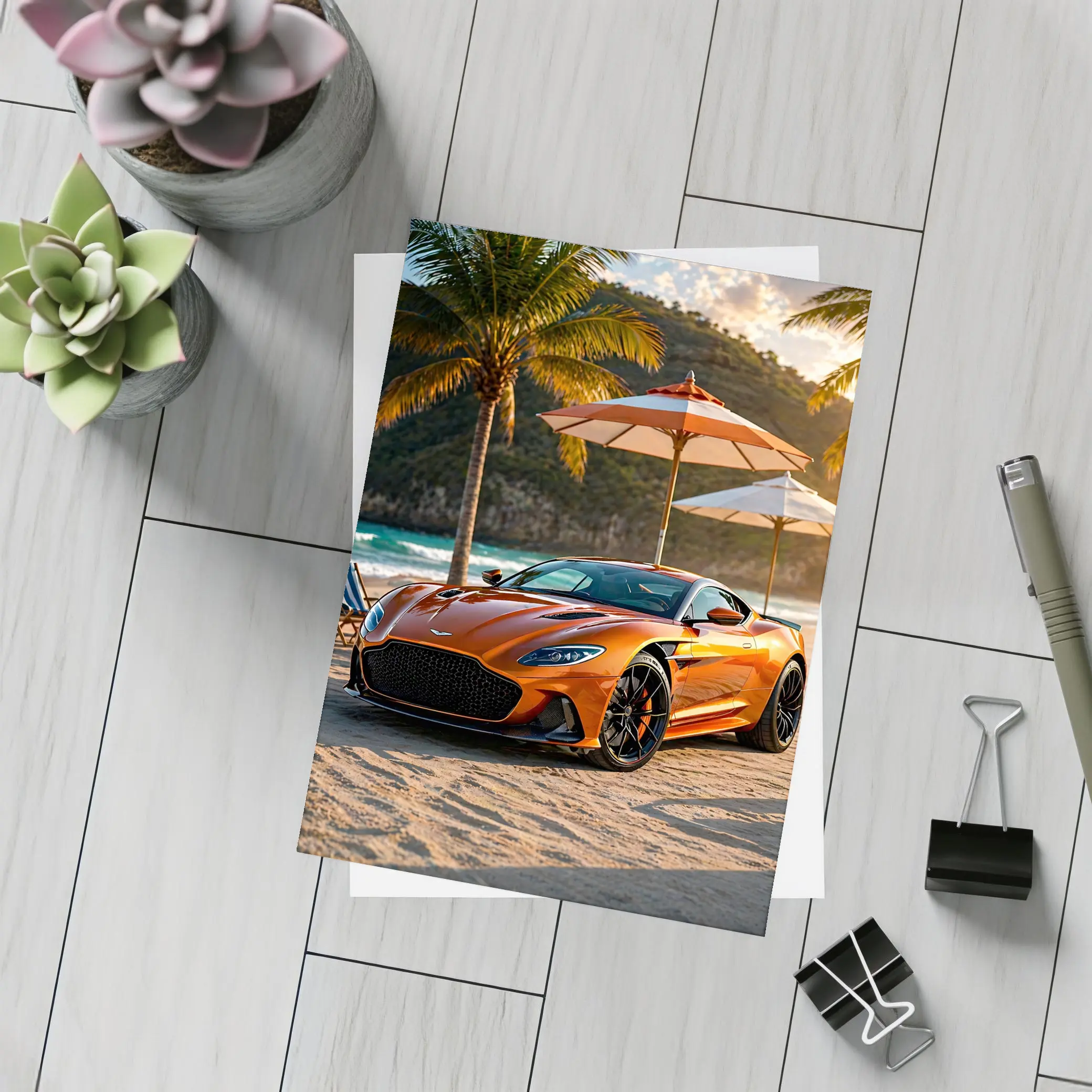 Aston Martin DBS Superleggera Orange Beach Sunset – Postcards