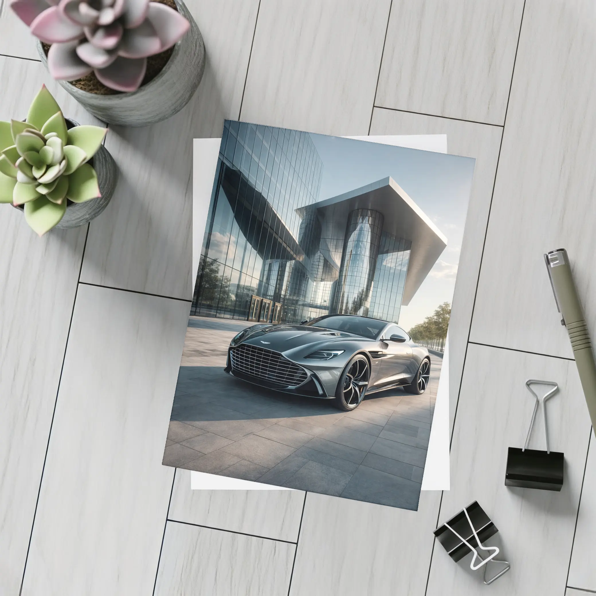 Aston Martin Vanquish Gray Modern Glass Building – Postcards
