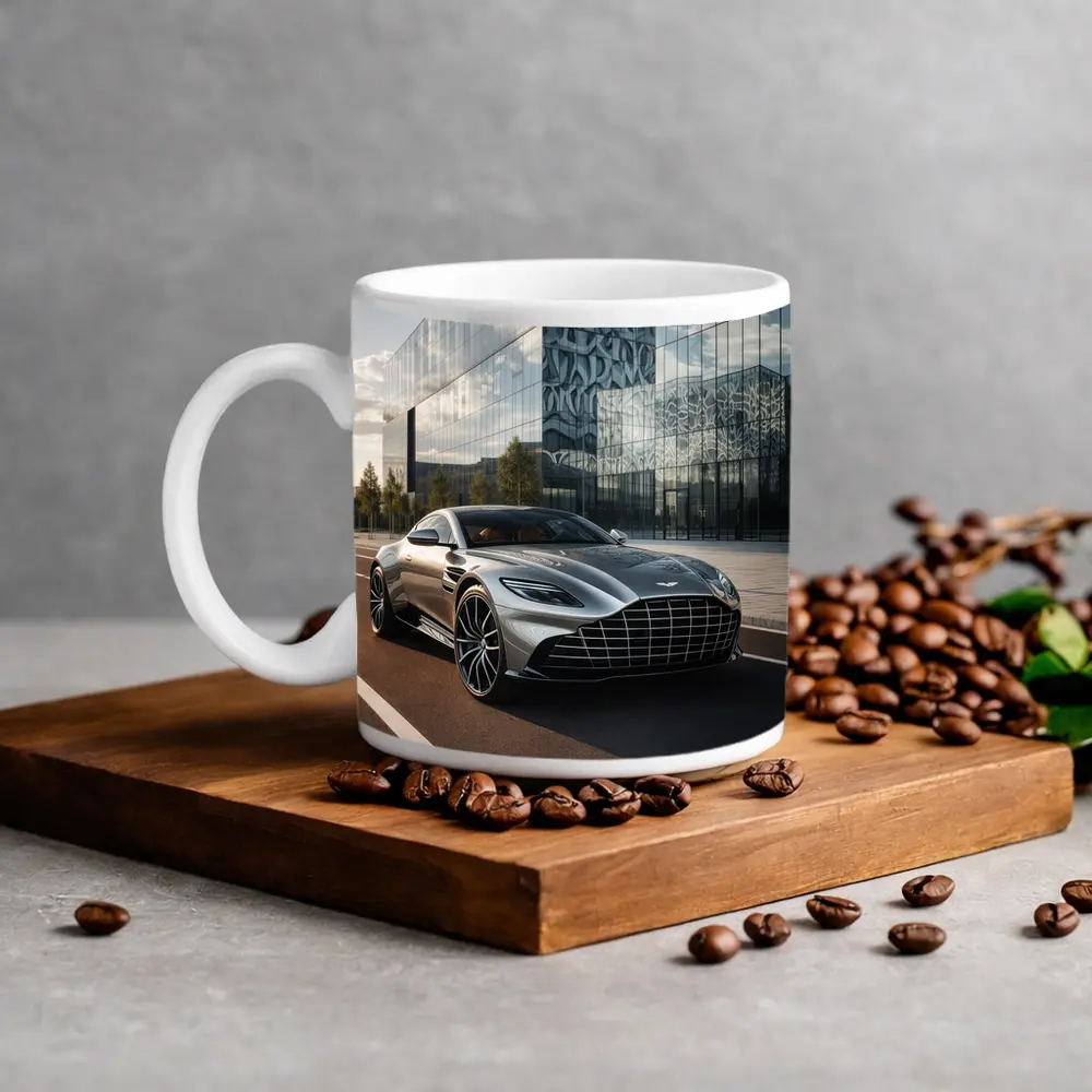 Aston Martin DB11 Silver Modern Architecture Background – Mugs