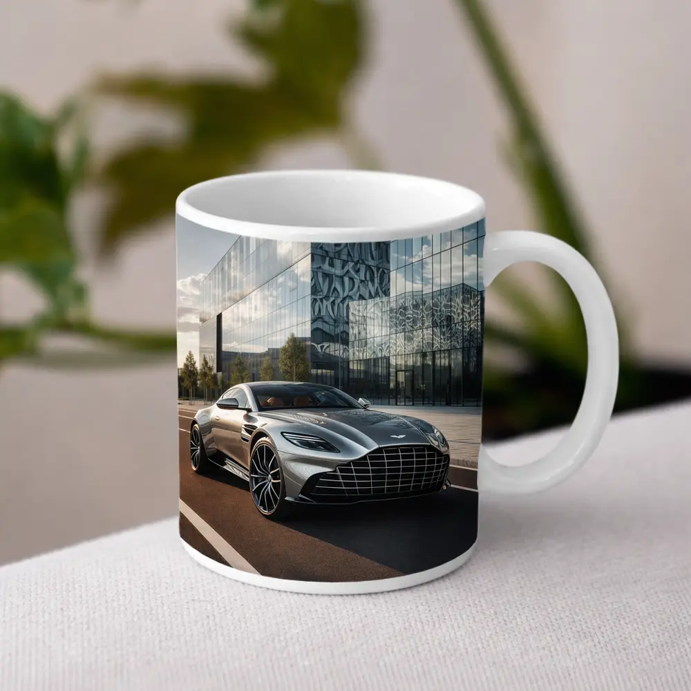 Aston Martin DB11 Silver Modern Architecture Background – Mugs