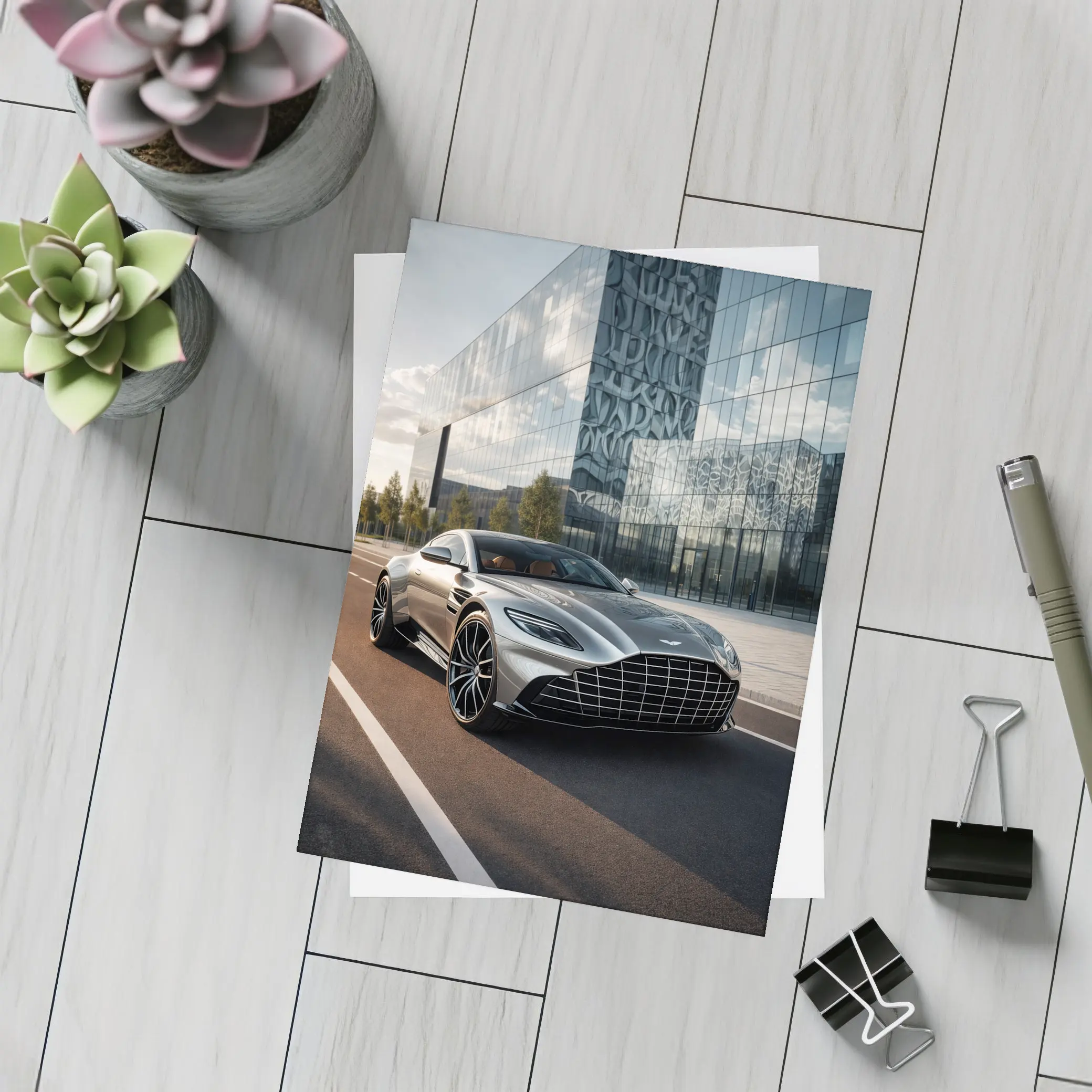 Aston Martin DB11 Silver Modern Architecture Background – Postcards