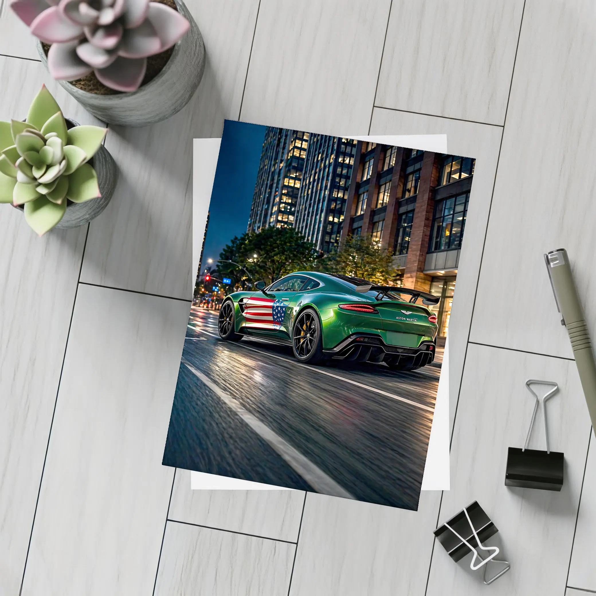 Aston Martin Vantage Green US Flag Night – Postcards