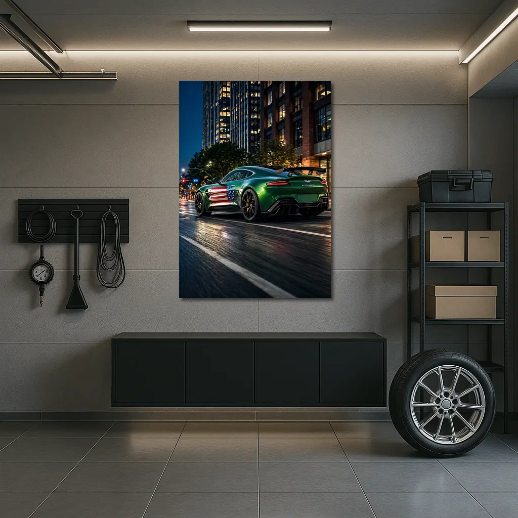 Aston Martin Vantage Green US Flag Night – Wall Art