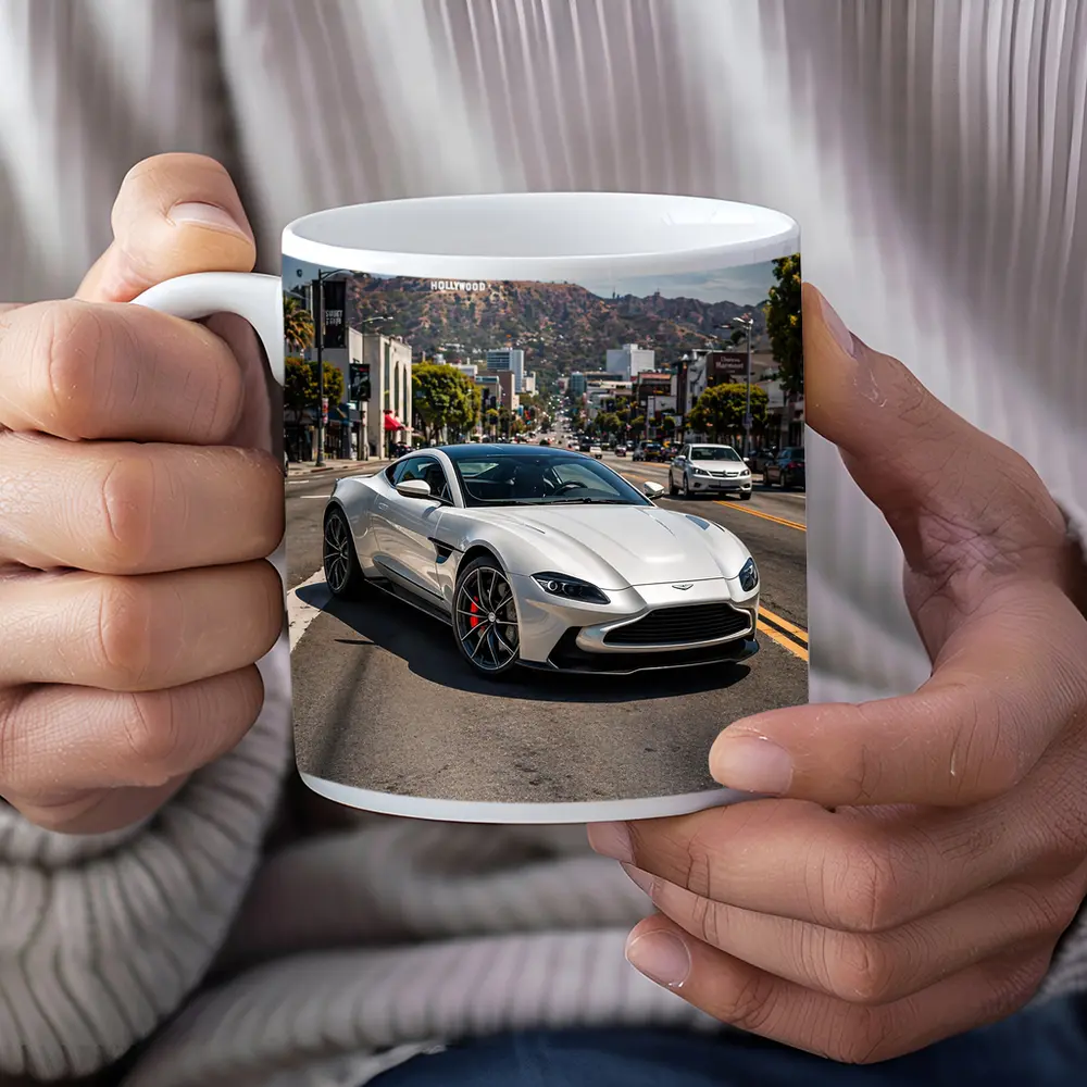 Aston Martin Vantage Silver Hollywood Street Scene – Mugs