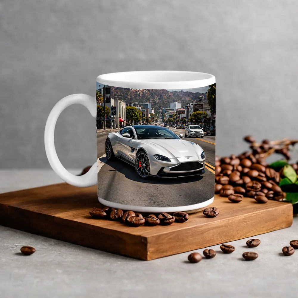 Aston Martin Vantage Silver Hollywood Street Scene – Mugs