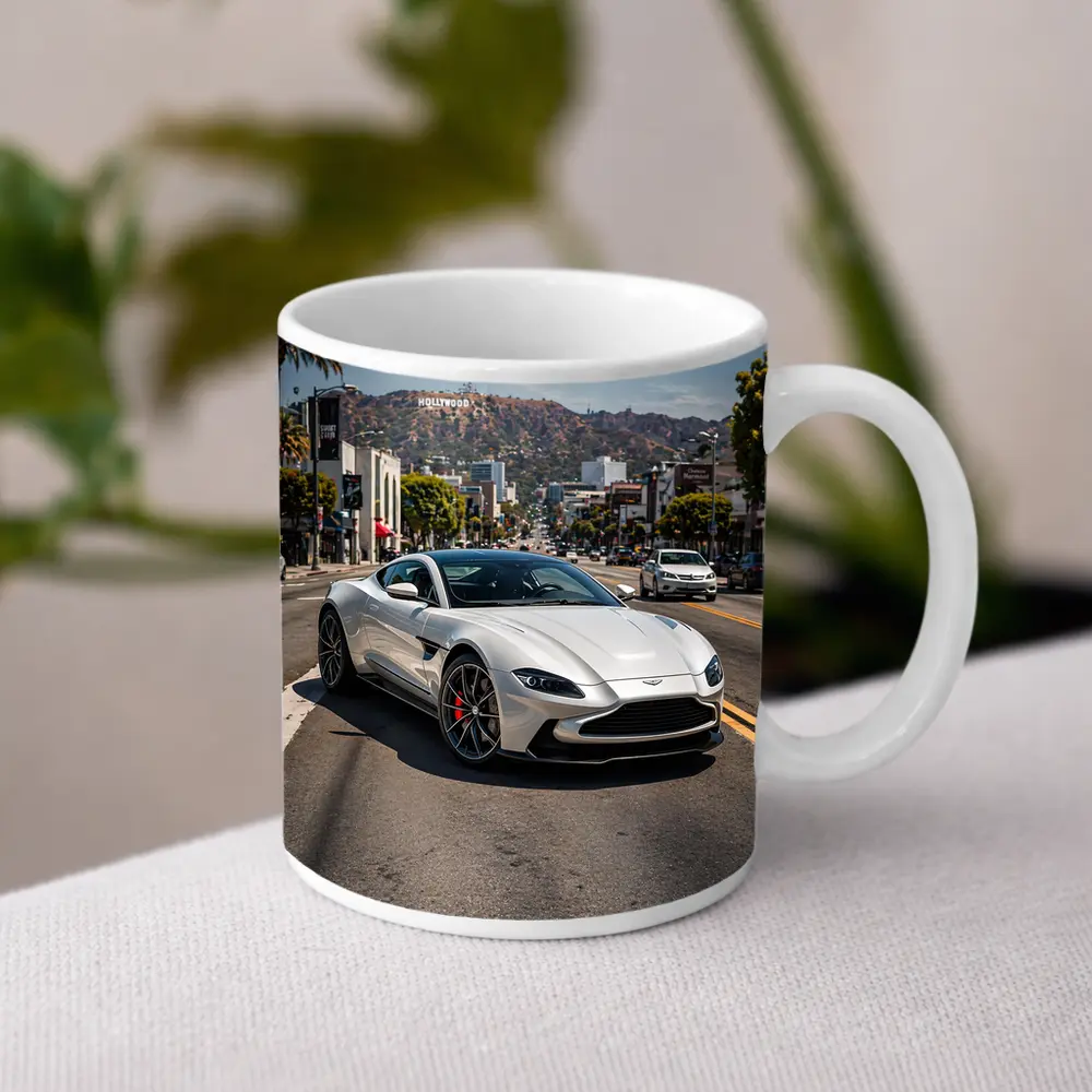 Aston Martin Vantage Silver Hollywood Street Scene – Mugs