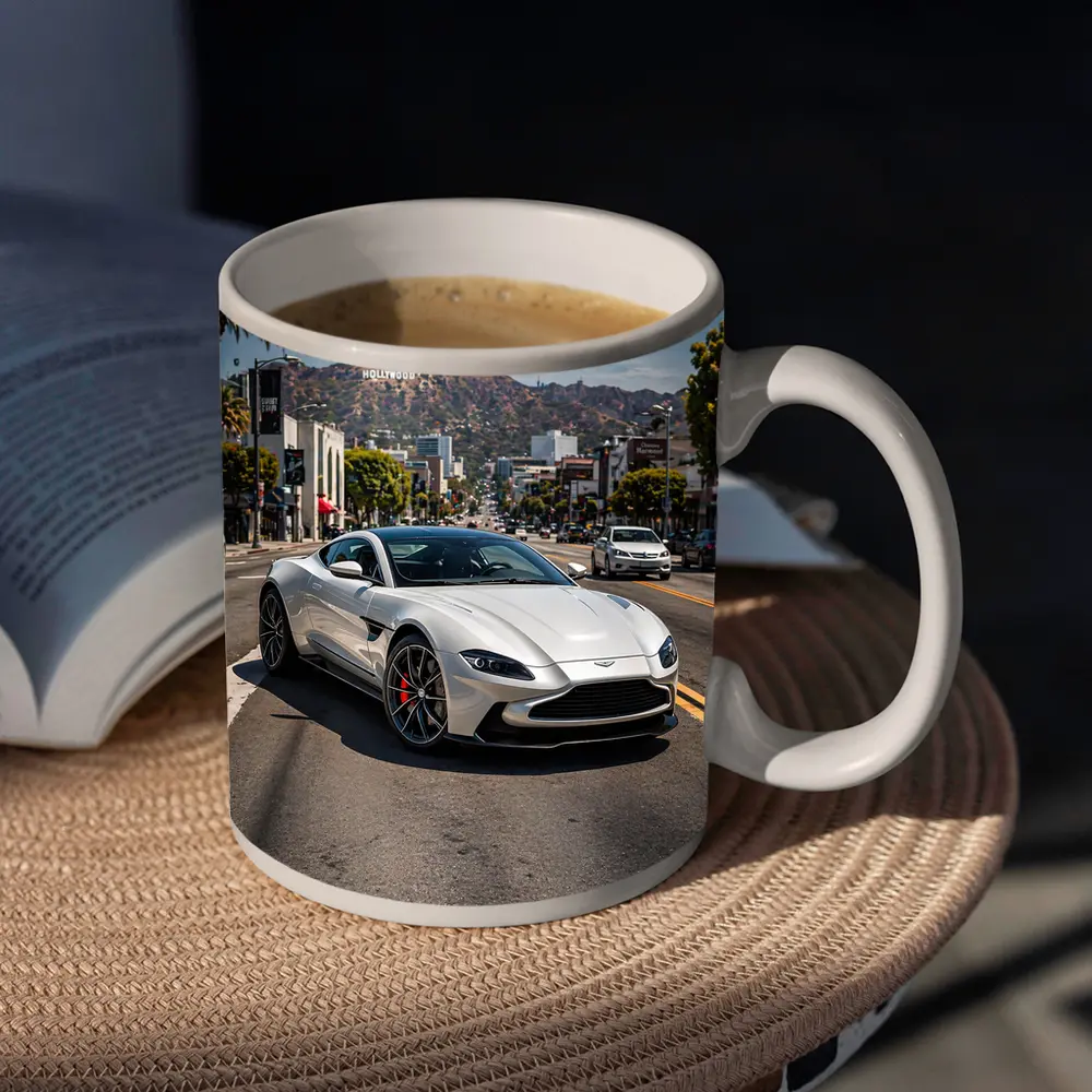 Aston Martin Vantage Silver Hollywood Street Scene – Mugs