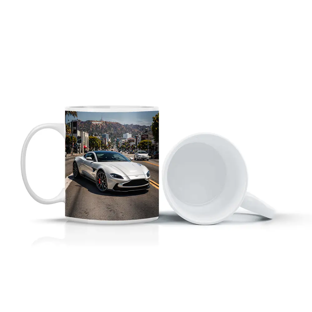 Aston Martin Vantage Silver Hollywood Street Scene – Mugs
