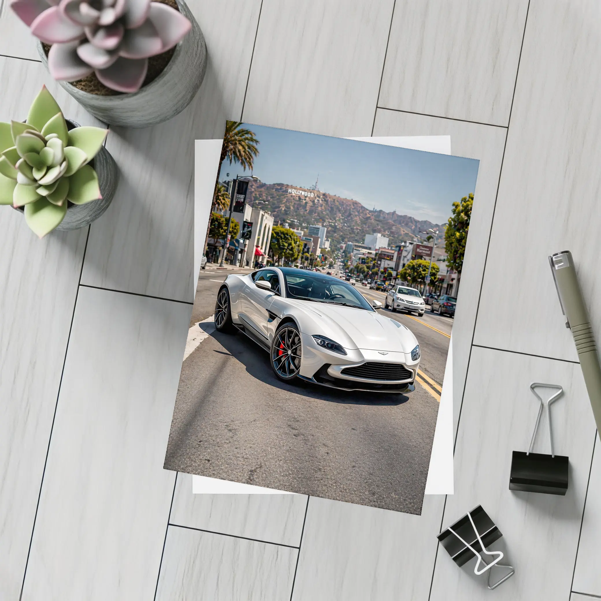 Aston Martin Vantage Silver Hollywood Street Scene – Postcards
