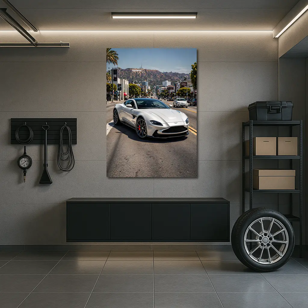 Aston Martin Vantage Silver Hollywood Street Scene – Wall Art
