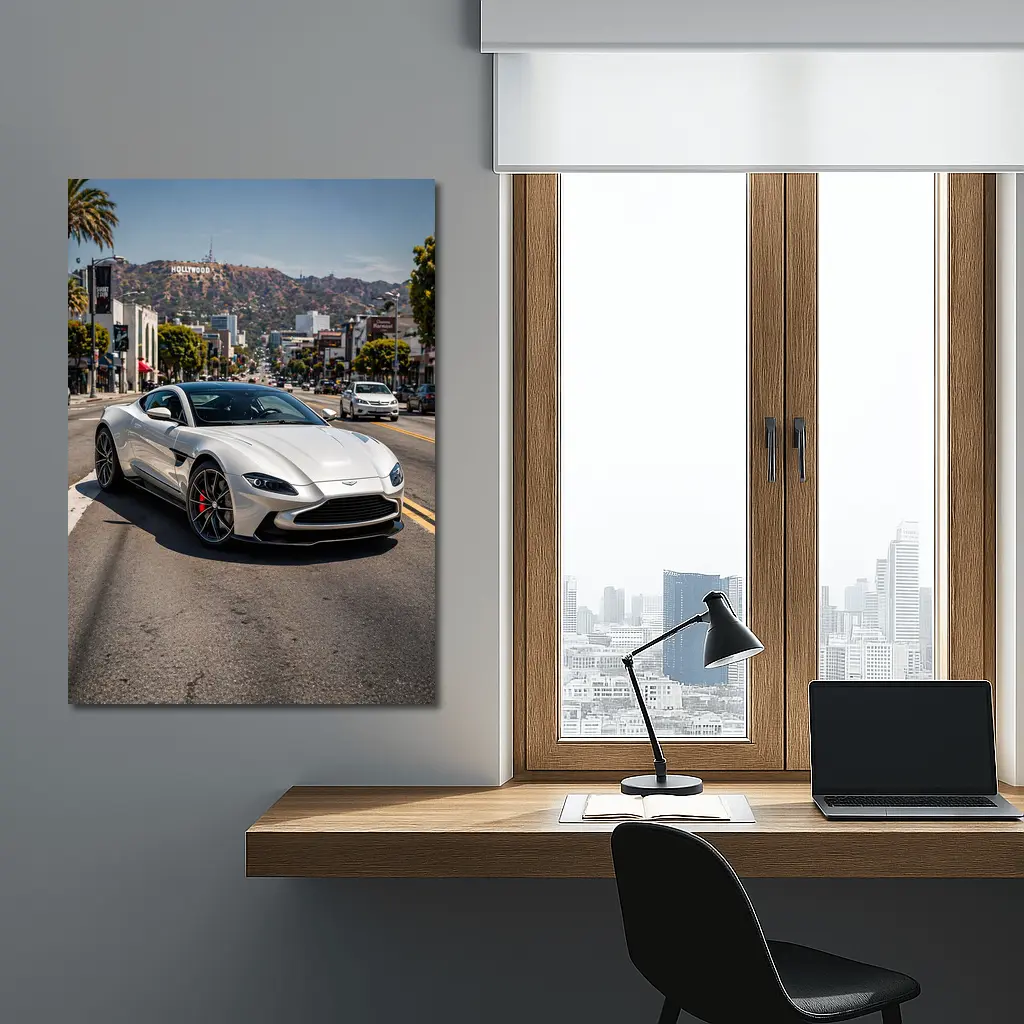 Aston Martin Vantage Silver Hollywood Street Scene – Wall Art