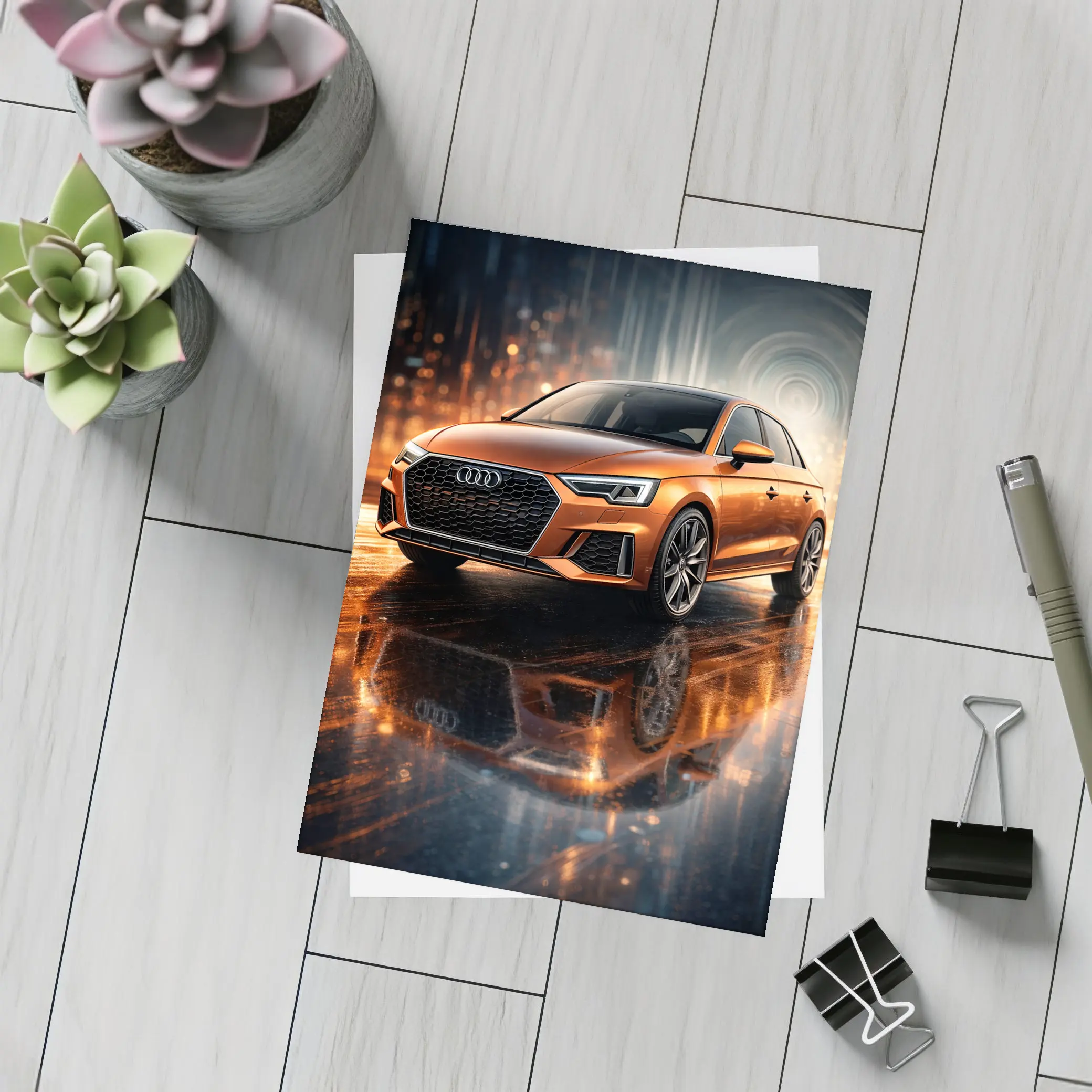 Audi A3 Orange Sedan Neon City Night – Postcards