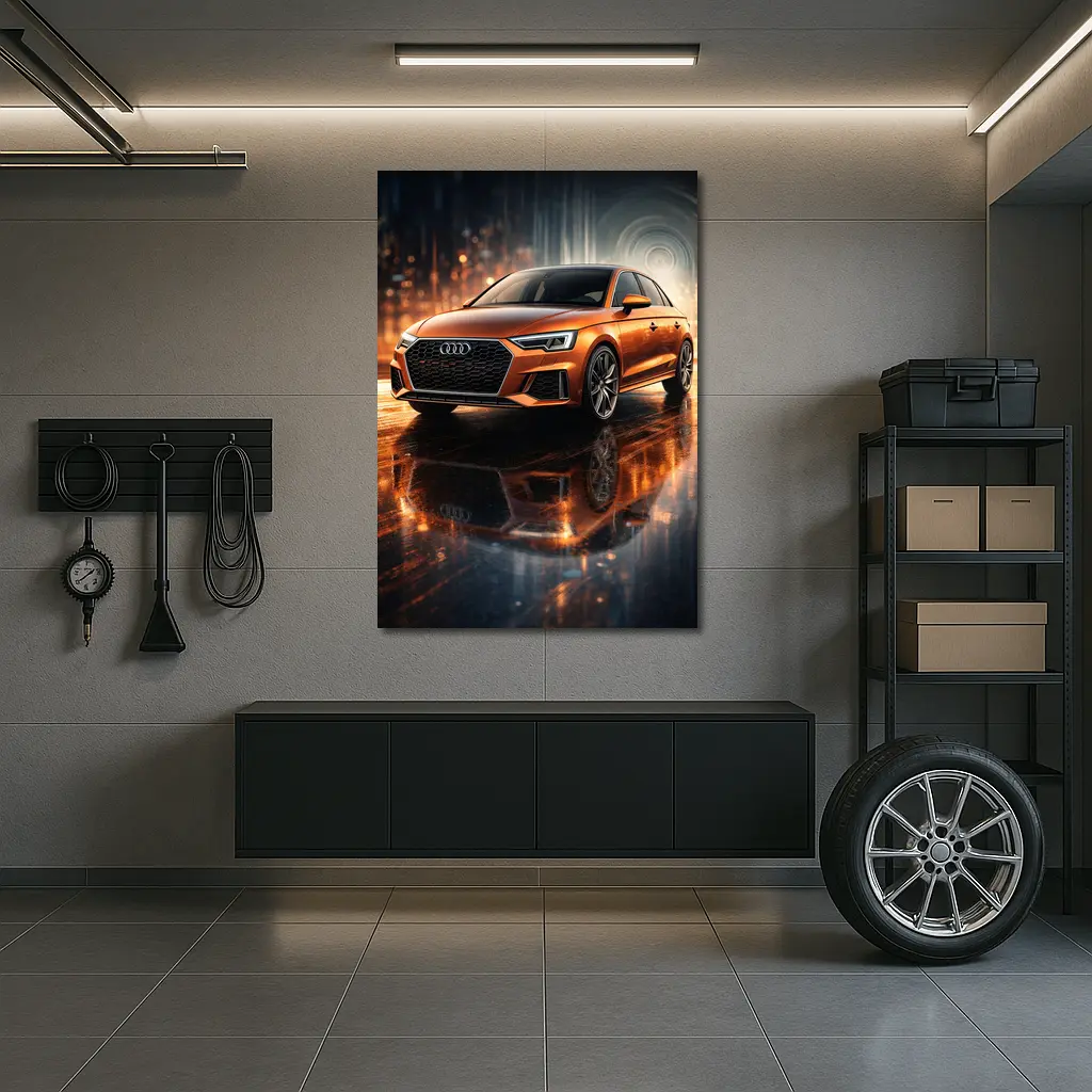 Audi A3 Orange Sedan Neon City Night – Wall Art