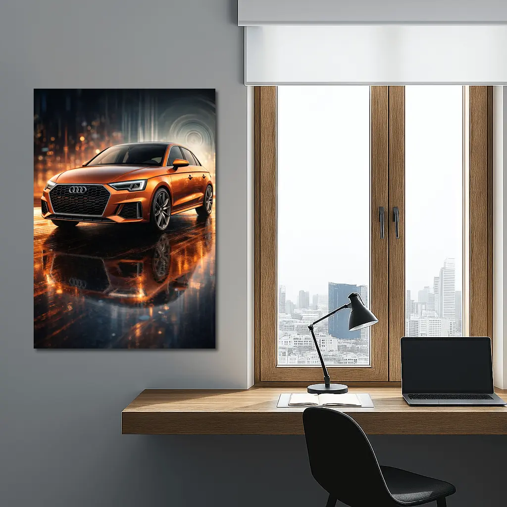Audi A3 Orange Sedan Neon City Night – Wall Art