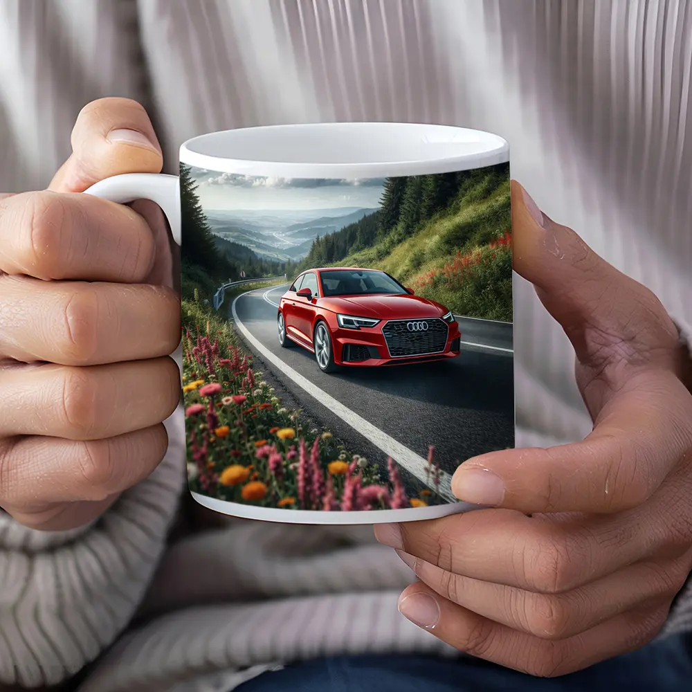 Red Audi RS5 on Scenic Mountain Road – Mugs