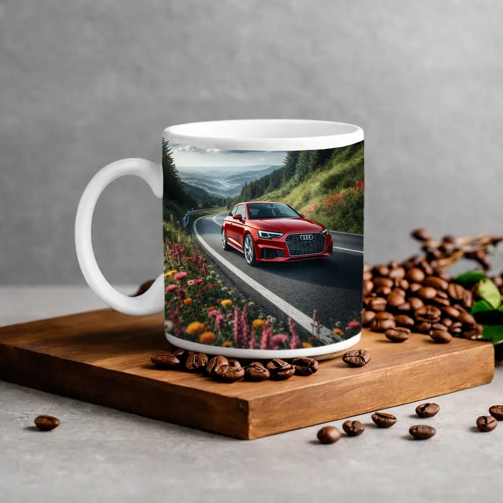 Red Audi RS5 on Scenic Mountain Road – Mugs