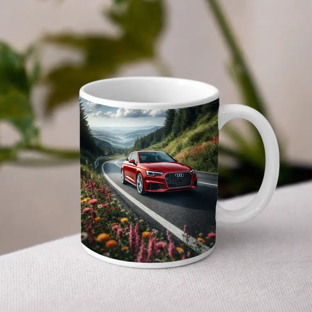 Red Audi RS5 on Scenic Mountain Road – Mugs