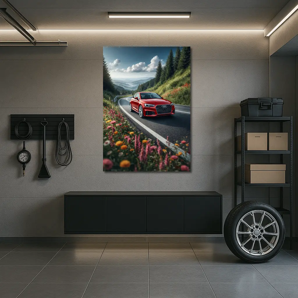Red Audi RS5 on Scenic Mountain Road – Wall Art