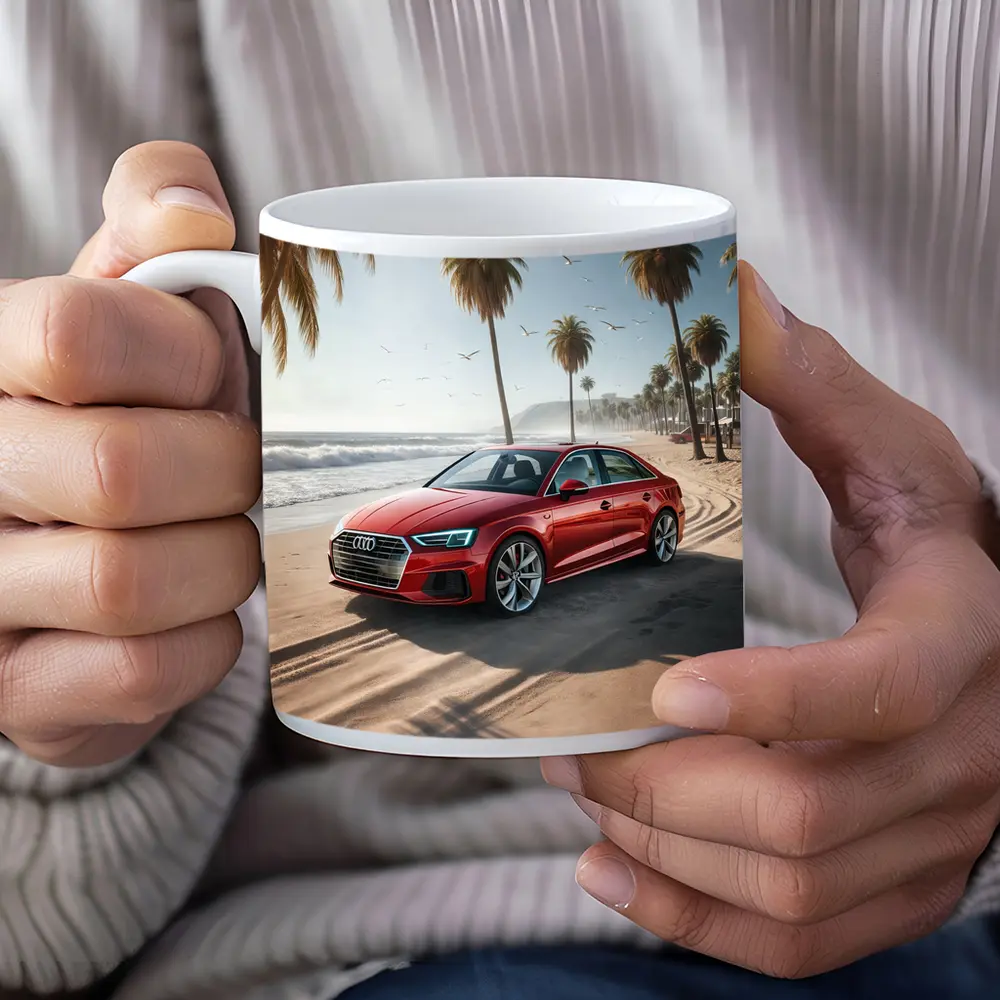 Audi A3 Red Sedan Parked On Beach – Mugs