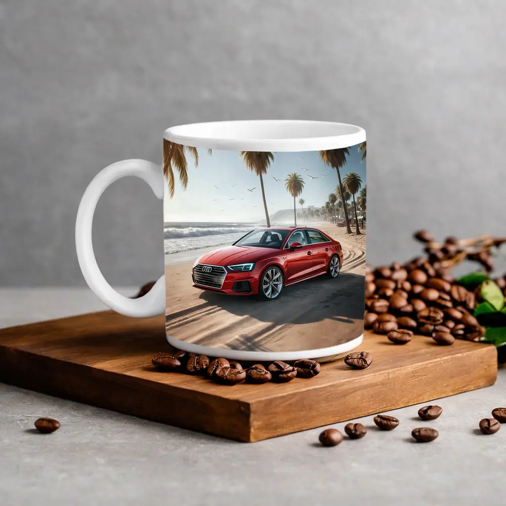 Audi A3 Red Sedan Parked On Beach – Mugs