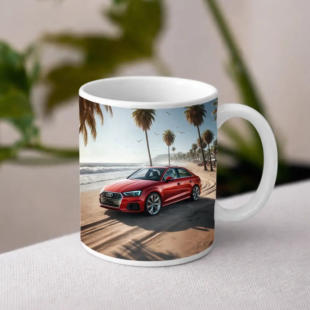 Audi A3 Red Sedan Parked On Beach – Mugs
