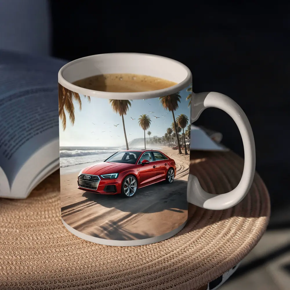 Audi A3 Red Sedan Parked On Beach – Mugs