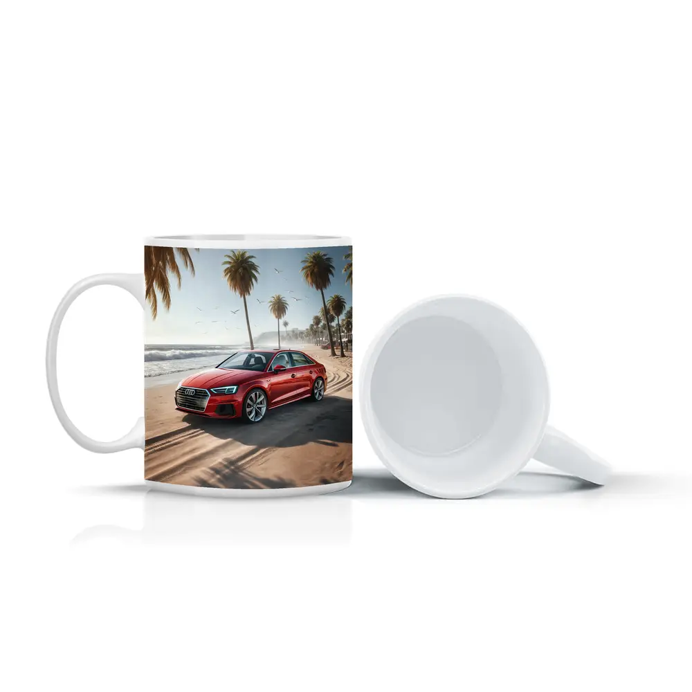 Audi A3 Red Sedan Parked On Beach – Mugs