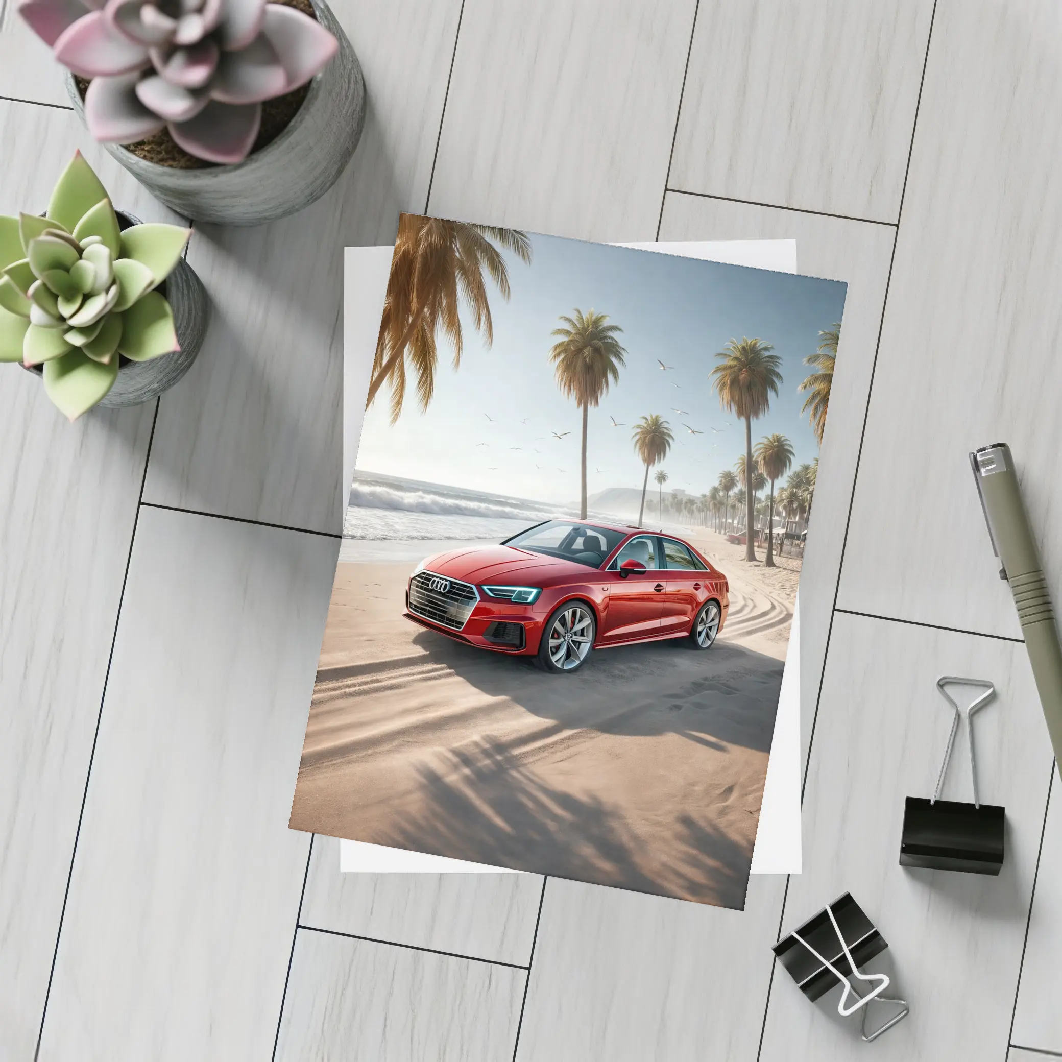 Audi A3 Red Sedan Parked On Beach – Postcards