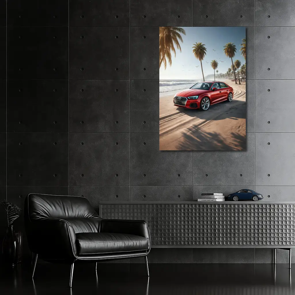 Audi A3 Red Sedan Parked On Beach – Wall Art