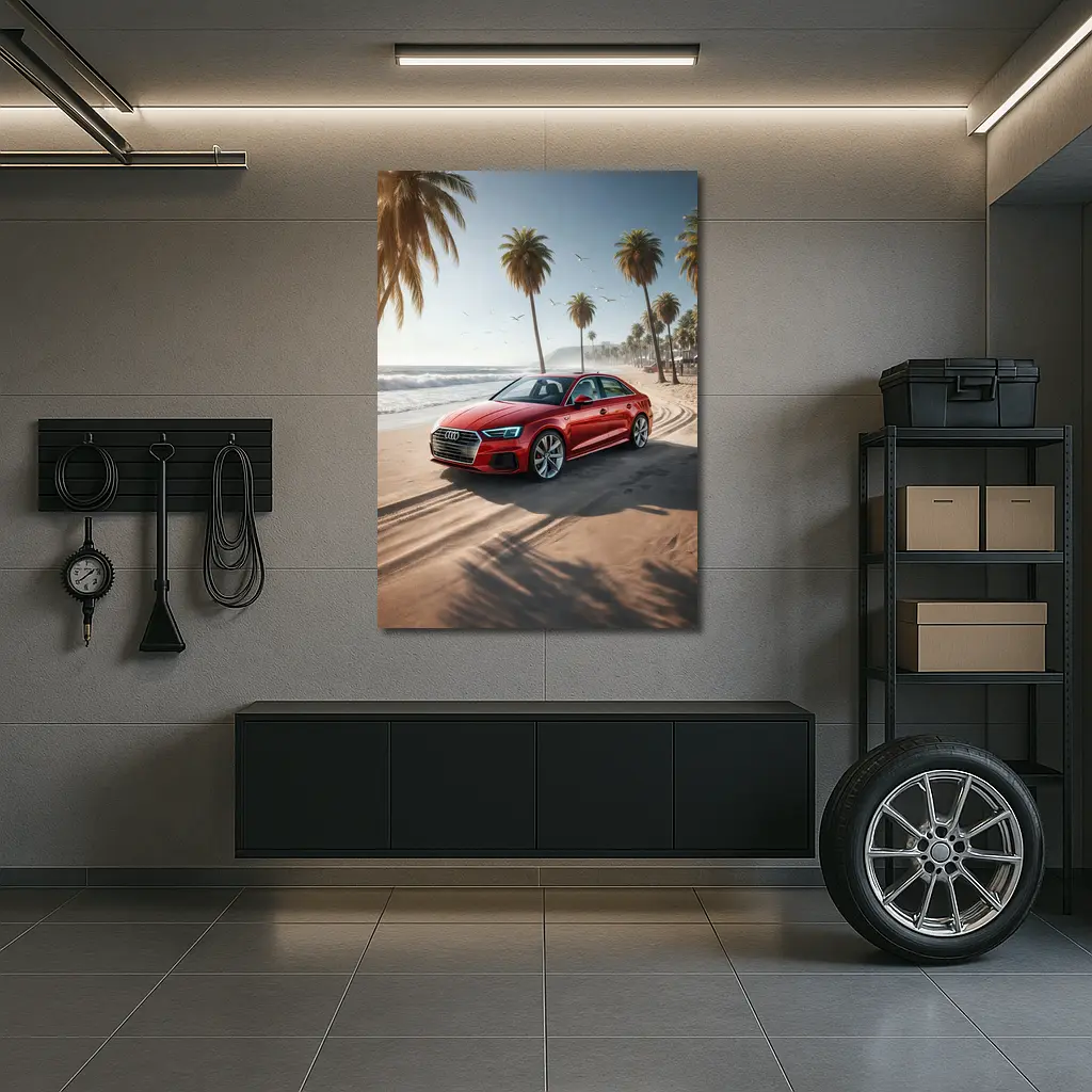 Audi A3 Red Sedan Parked On Beach – Wall Art