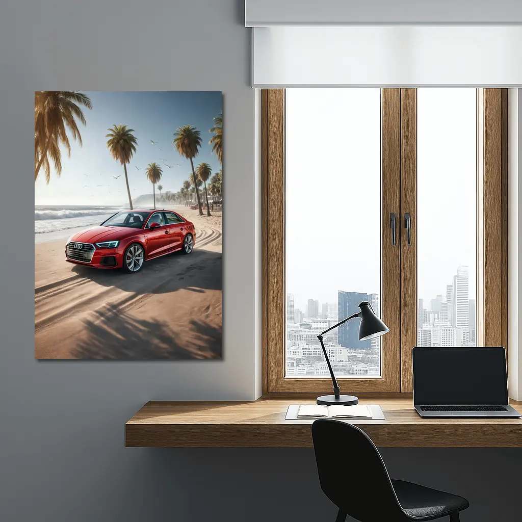 Audi A3 Red Sedan Parked On Beach – Wall Art