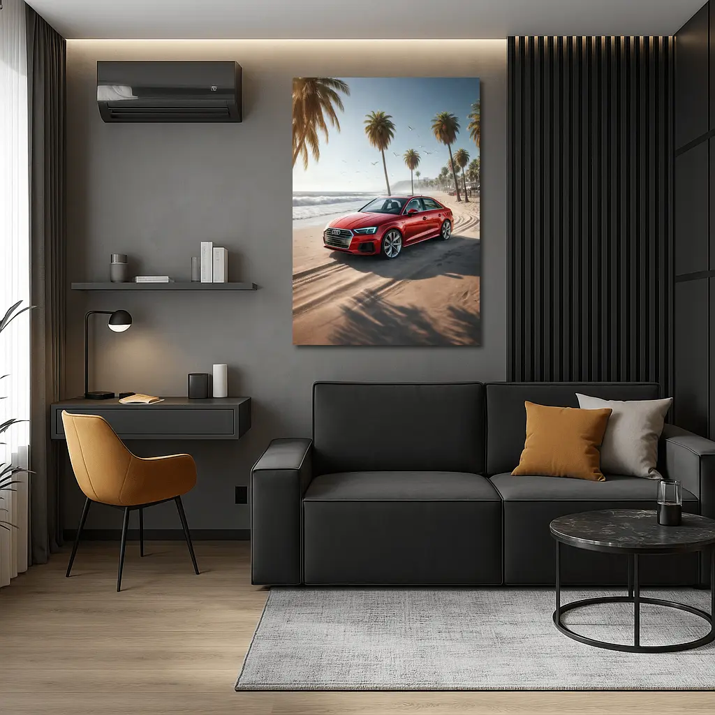 Audi A3 Red Sedan Parked On Beach – Wall Art