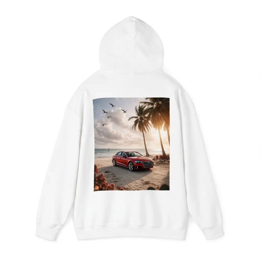 Audi A3 Parked on Tropical Beach Shore – Hoodies